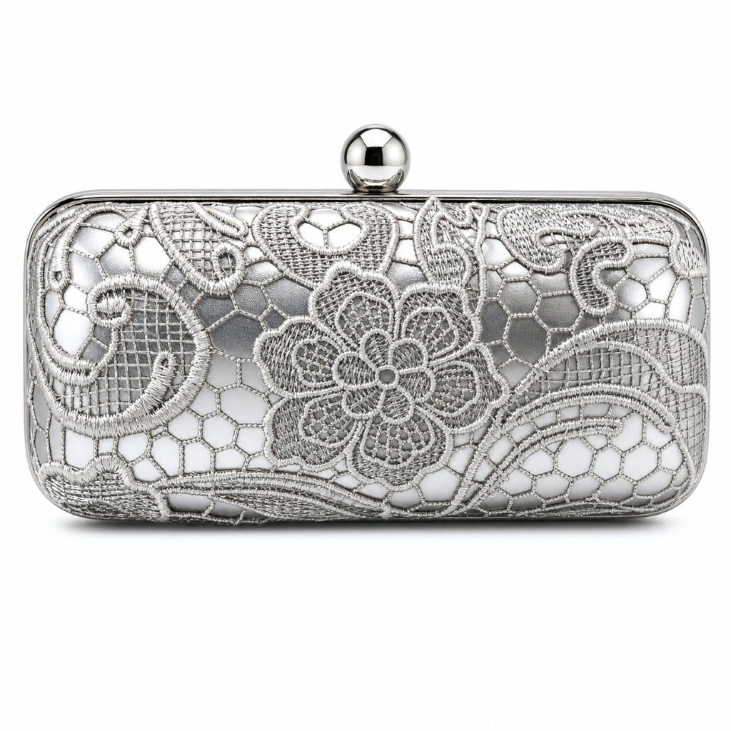 Jacklynn Silver Satin & Lace Evening Bag