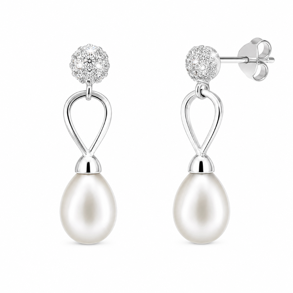 La Pearl Ivory Pearl & Silver Rhinestone Earrings